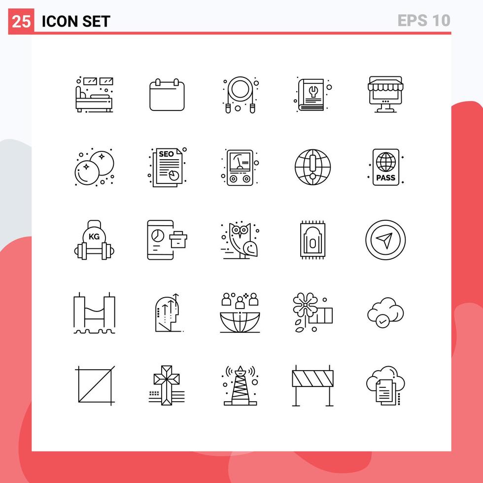 Mobile Interface Line Set of 25 Pictograms of ecommerce service year repair book Editable Vector Design Elements