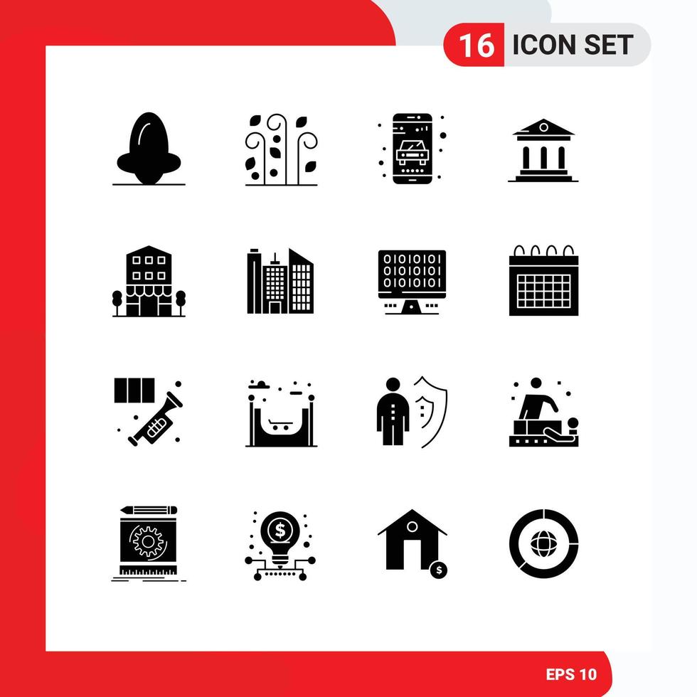 Mobile Interface Solid Glyph Set of 16 Pictograms of buildings campus wind bank taxi Editable Vector Design Elements