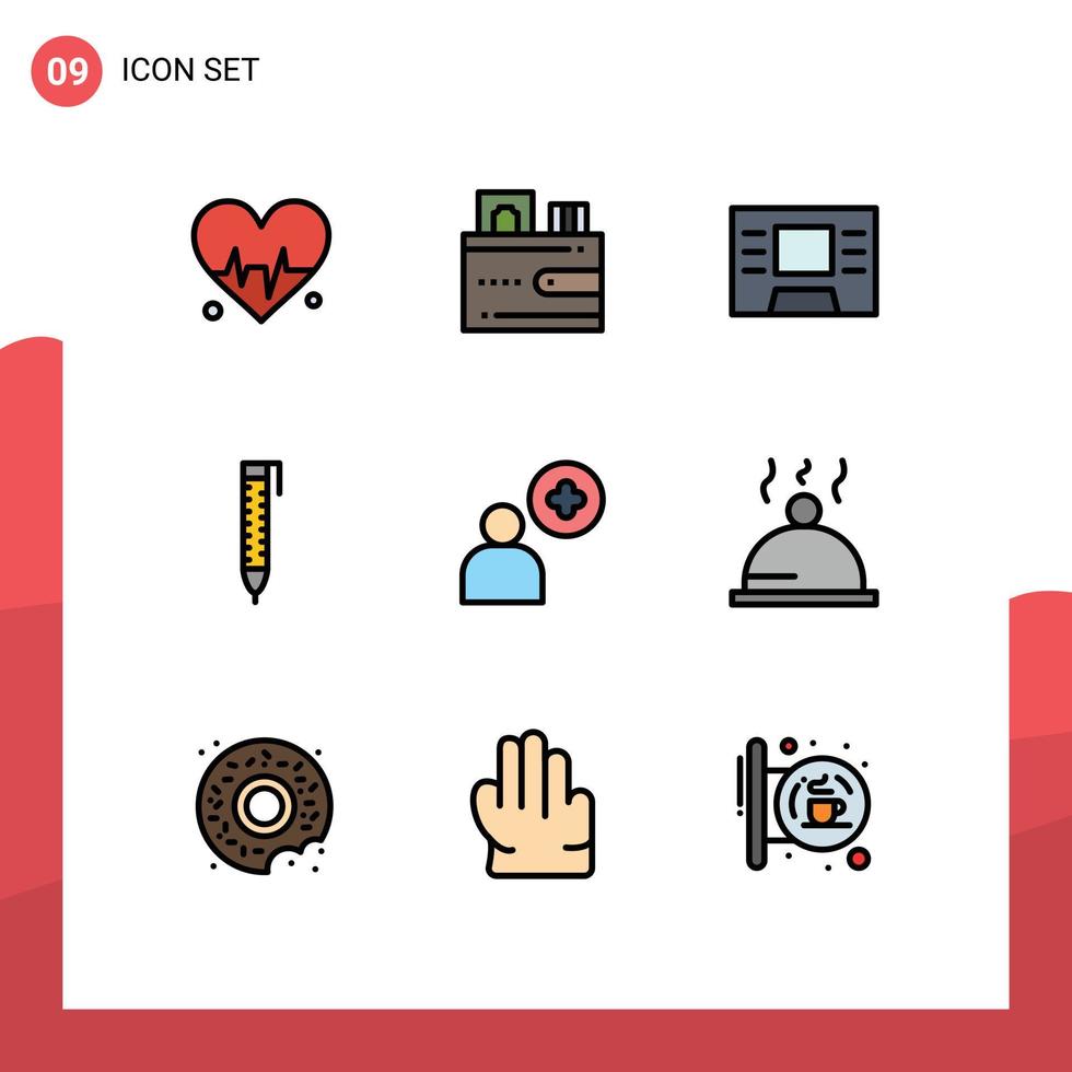 Pictogram Set of 9 Simple Filledline Flat Colors of glass dish finance user add Editable Vector Design Elements