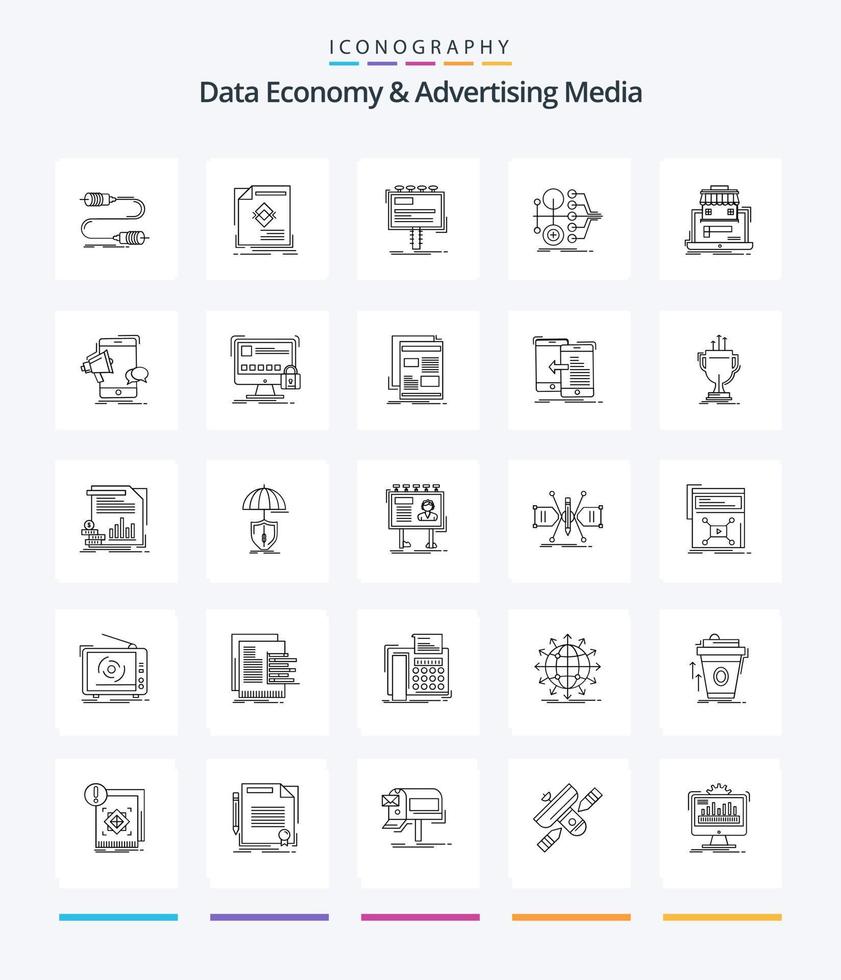 economía de datos creativos y medios publicitarios 25 paquete de iconos de contorno como el dinero. monetización revista. promoción. publicidad vector