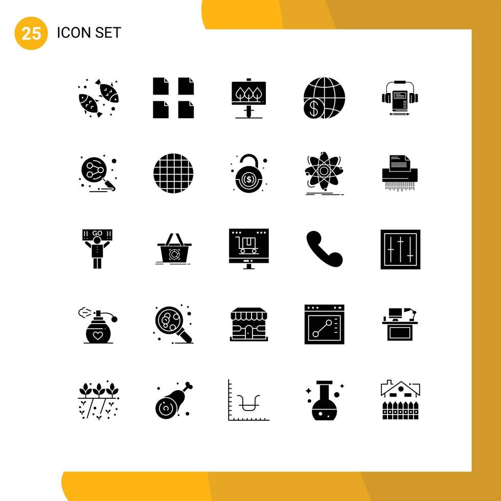 User Interface Pack of 25 Basic Solid Glyphs of headphone music sign worldwide money Editable Vector Design Elements