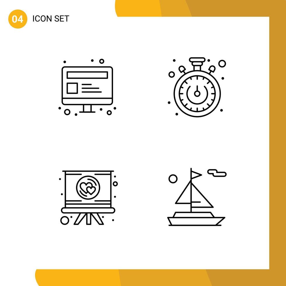 4 User Interface Line Pack of modern Signs and Symbols of computer presentation webpage timer beach Editable Vector Design Elements