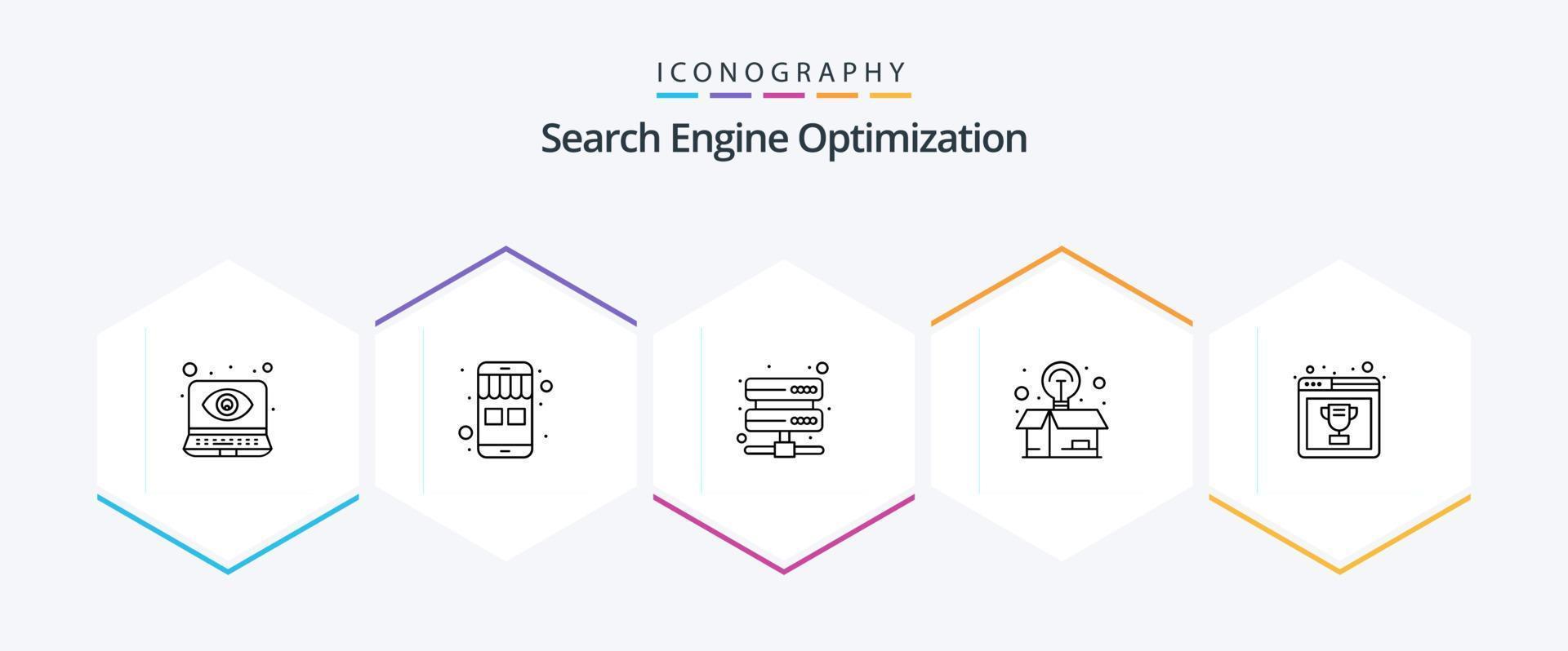 paquete de iconos de 25 líneas seo que incluye . calidad de la página hospedaje mejor sitio web posicionamiento web vector