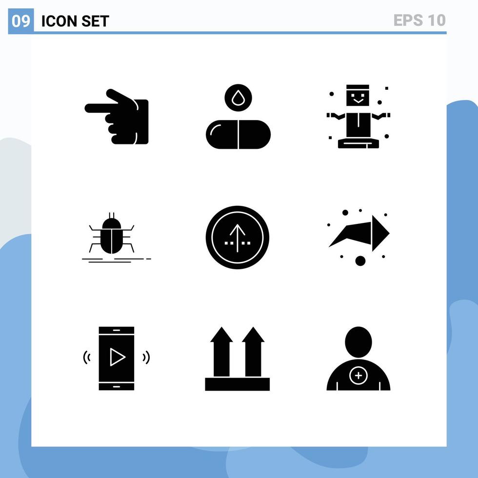 Pack of 9 creative Solid Glyphs of arrow testing entertainment insect bug Editable Vector Design Elements