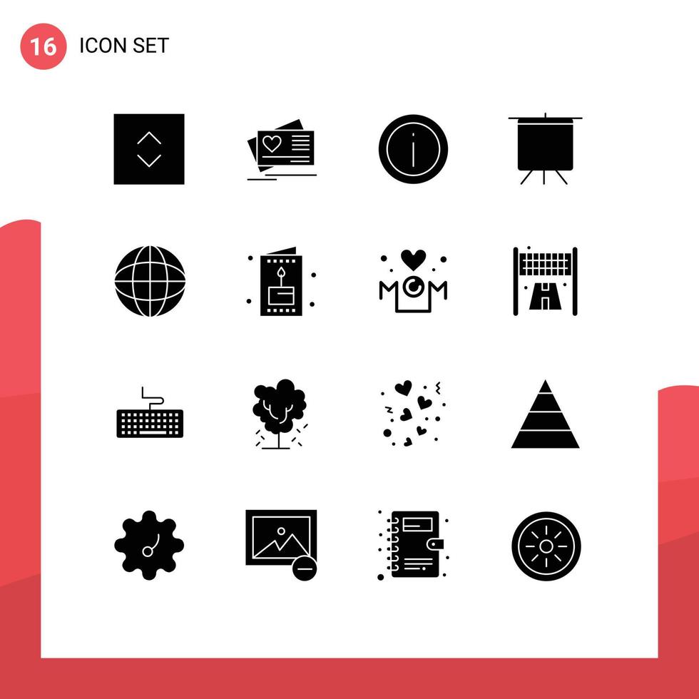 Editable Vector Line Pack of 16 Simple Solid Glyphs of globe education info presentation board Editable Vector Design Elements
