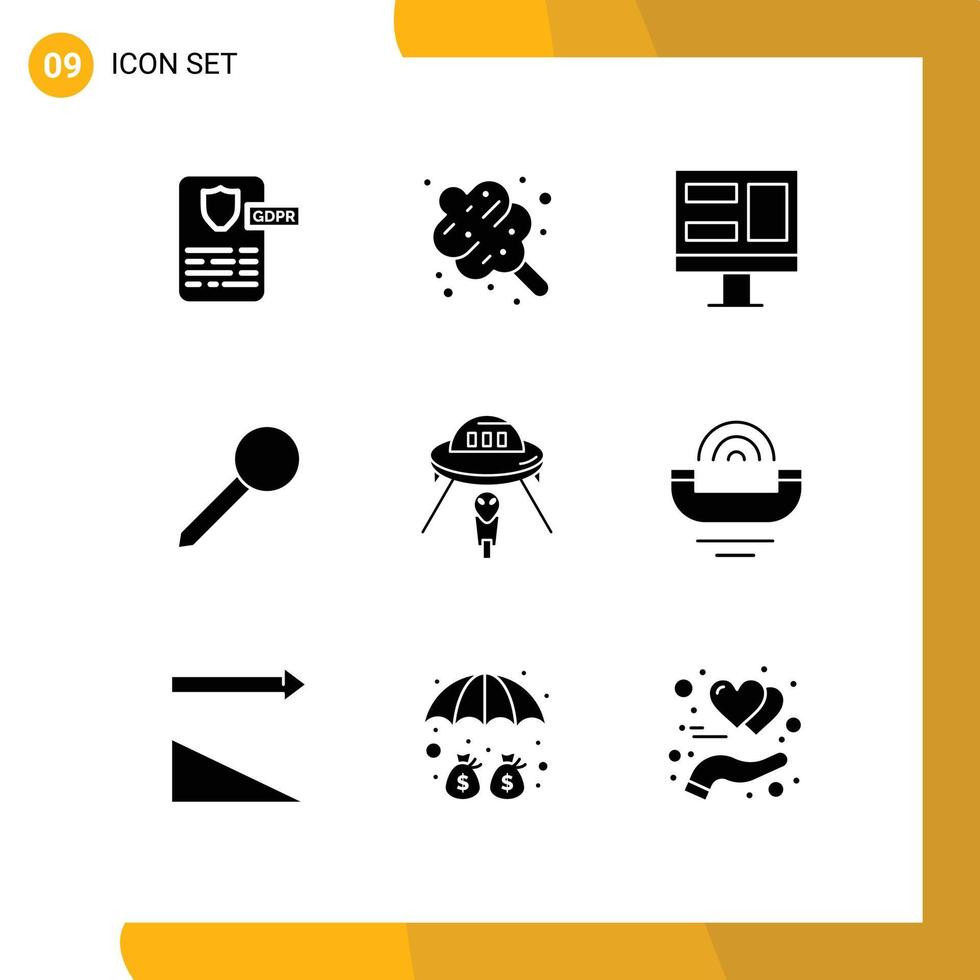 Modern Set of 9 Solid Glyphs and symbols such as ufo alien screen mark pin Editable Vector Design Elements