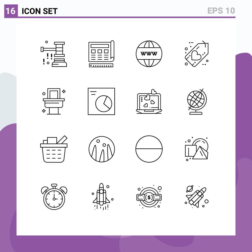 Set of 16 Modern UI Icons Symbols Signs for heart favorite website black website Editable Vector Design Elements