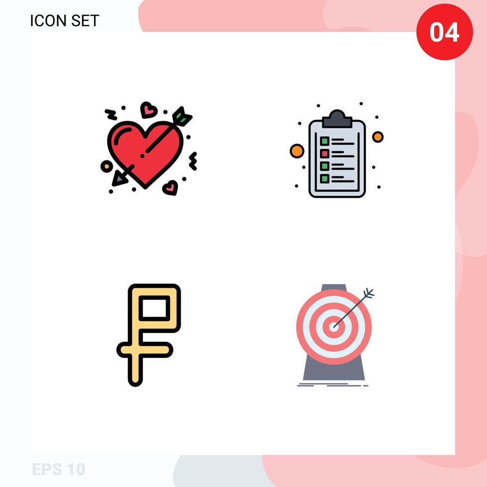 4 colores planos de línea de llenado de vectores temáticos y símbolos editables de flecha dinero amor portapapeles objetivo elementos de diseño de vectores editables