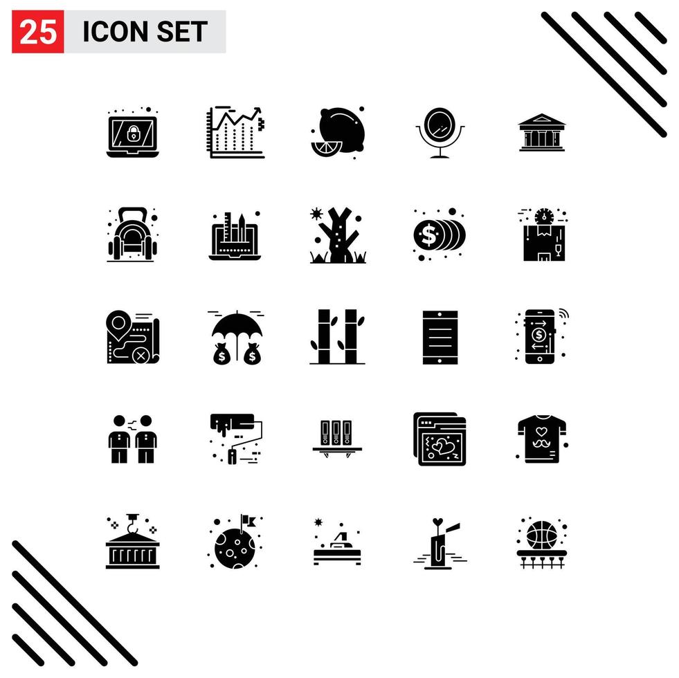 Set of 25 Vector Solid Glyphs on Grid for building finance diet food courthouse fashion Editable Vector Design Elements