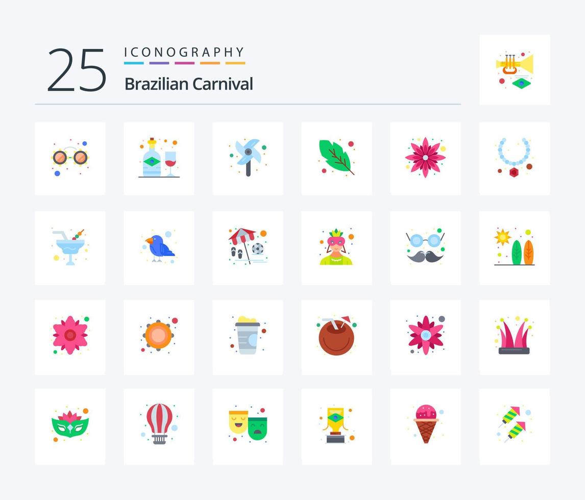 carnaval brasileño 25 paquete de iconos de color plano que incluye collar. floral. molino. girasol. pluma de quinn vector