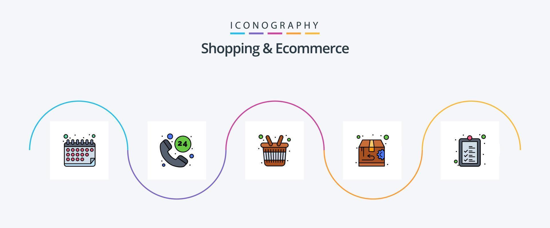 la línea de compras y comercio electrónico llenó el paquete de iconos planos 5 que incluye el envío. lista. comestibles. controlar. retorno vector