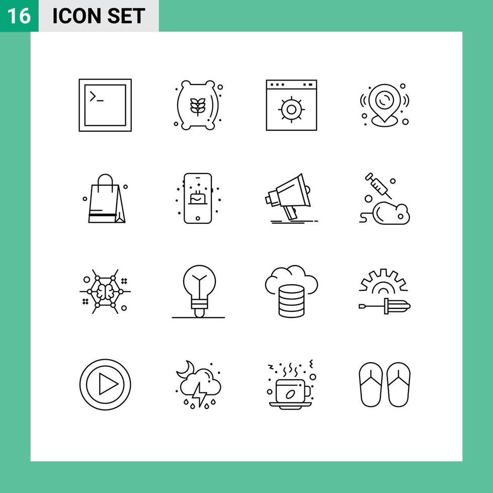 16 Universal Outline Signs Symbols of shopping handbeg internet map pin map Editable Vector Design Elements