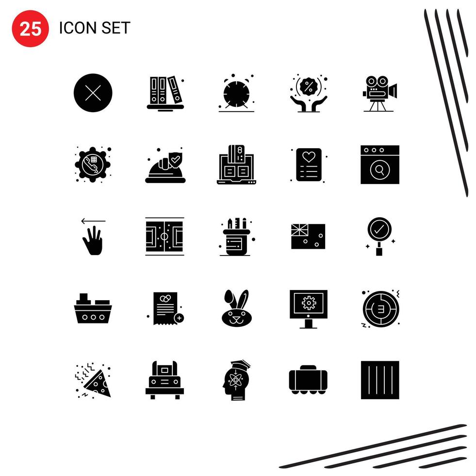 User Interface Pack of 25 Basic Solid Glyphs of capture shopping alarm percentage discount Editable Vector Design Elements