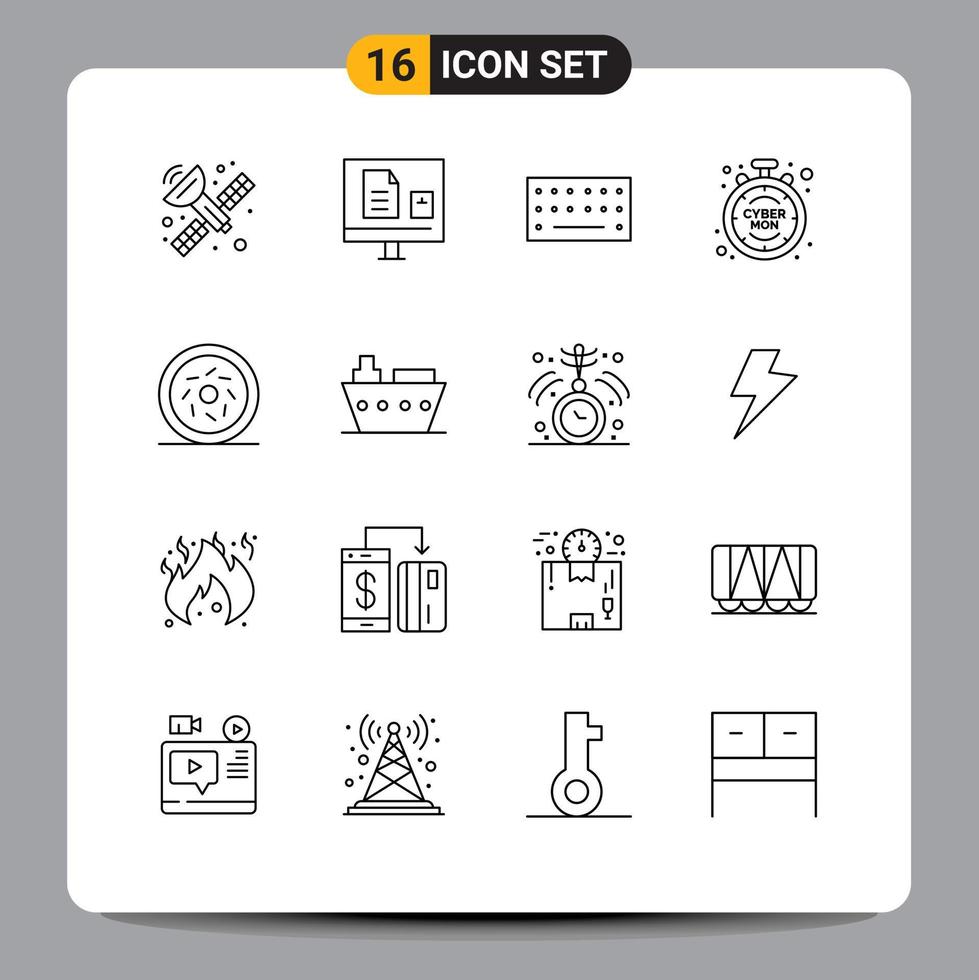 paquete de iconos de vector de stock de 16 signos y símbolos de línea para elementos de diseño de vector editables de descuento de tiempo de hardware de donut dulce