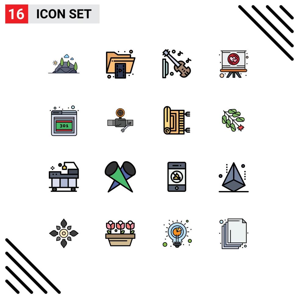 Pack of 16 creative Flat Color Filled Lines of romance love format heart music Editable Creative Vector Design Elements