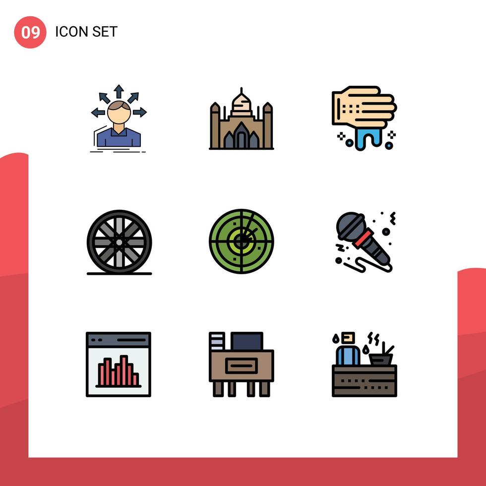 9 Thematic Vector Filledline Flat Colors and Editable Symbols of technology radar lalbagh area sports Editable Vector Design Elements