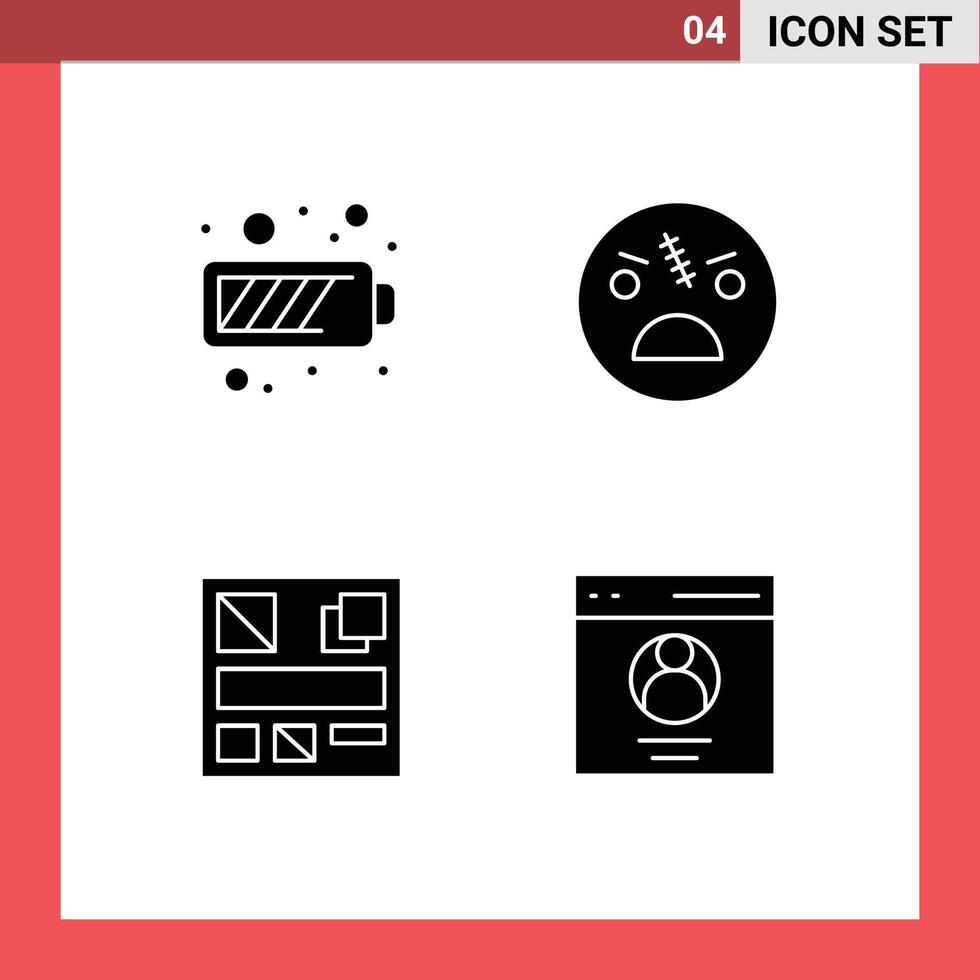 Pack of 4 Modern Solid Glyphs Signs and Symbols for Web Print Media such as battery design energy scary web Editable Vector Design Elements