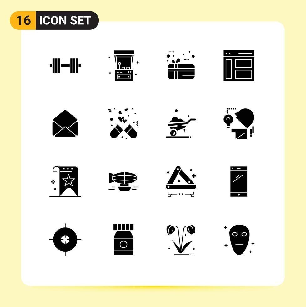 Editable Vector Line Pack of 16 Simple Solid Glyphs of email user gift sidebar interface Editable Vector Design Elements