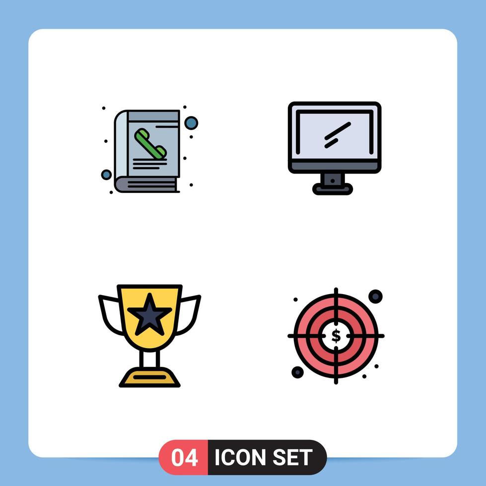 Group of 4 Modern Filledline Flat Colors Set for book achievement phone book device cup Editable Vector Design Elements