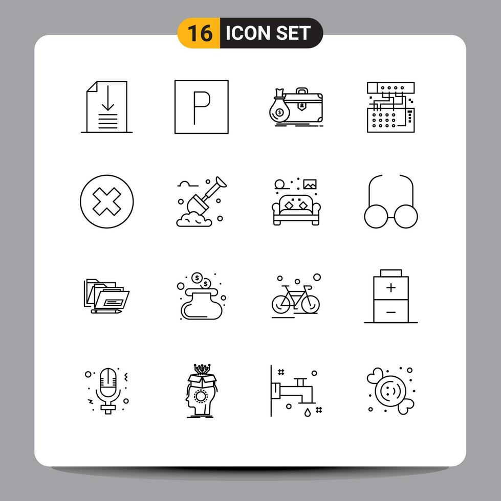Universal Icon Symbols Group of 16 Modern Outlines of delete sound case module connection Editable Vector Design Elements