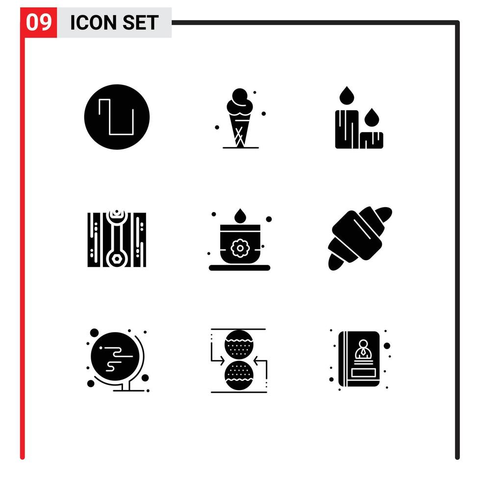 Universal Icon Symbols Group of 9 Modern Solid Glyphs of croissant sauna fire candle fix Editable Vector Design Elements