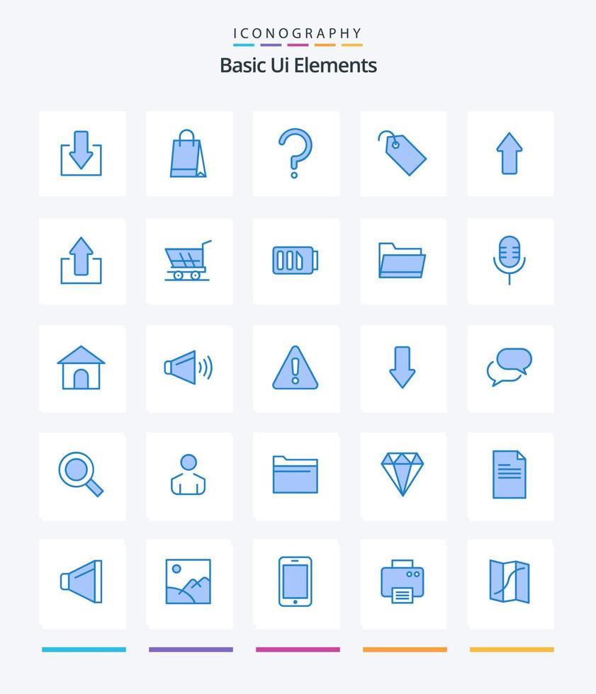 Elementos básicos creativos de la interfaz de usuario 25 paquete de iconos azules como arriba. flecha. pregunta. boleto. etiqueta vector