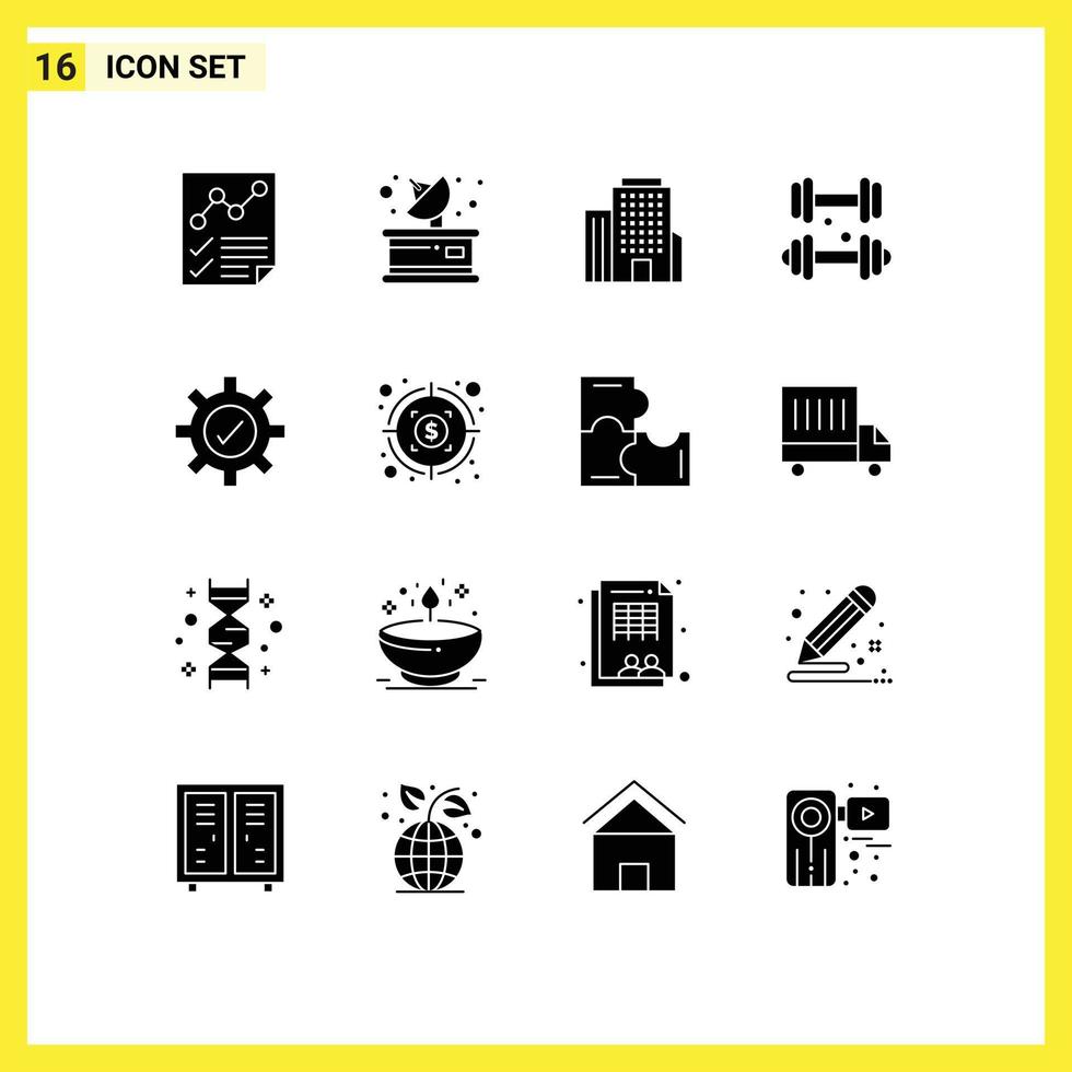 Universal Icon Symbols Group of 16 Modern Solid Glyphs of setting medical receiver healthcare dumbbell Editable Vector Design Elements