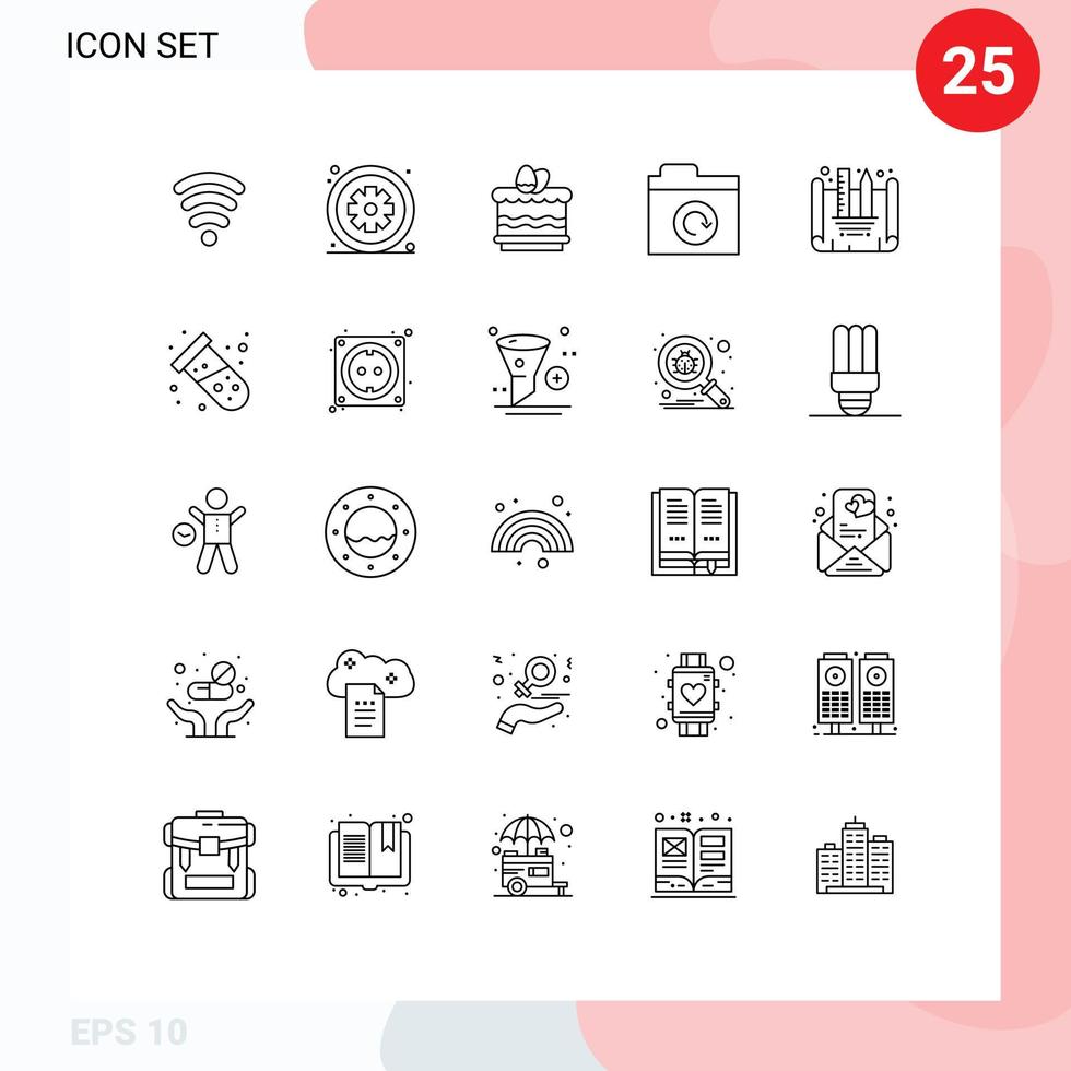 Pack of 25 Modern Lines Signs and Symbols for Web Print Media such as design blueprint blueprint designing cack restore folder Editable Vector Design Elements