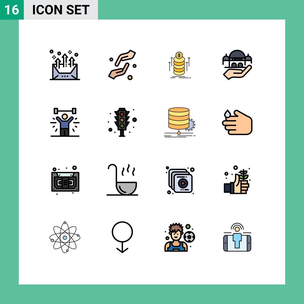 Paquete de 16 líneas rellenas de color plano de la interfaz de usuario de signos y símbolos modernos de la mano de donación ayuda a la mezquita a transferir elementos de diseño de vectores creativos editables