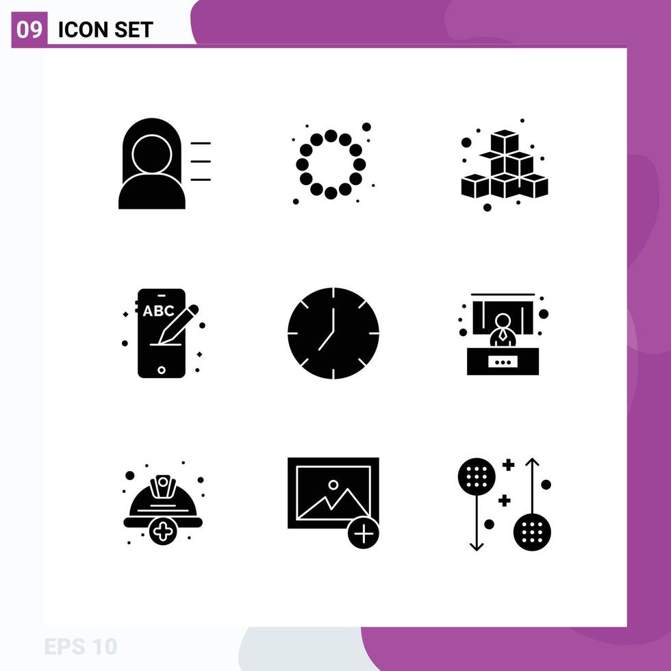 Modern Set of 9 Solid Glyphs Pictograph of multimedia media fun clock education Editable Vector Design Elements