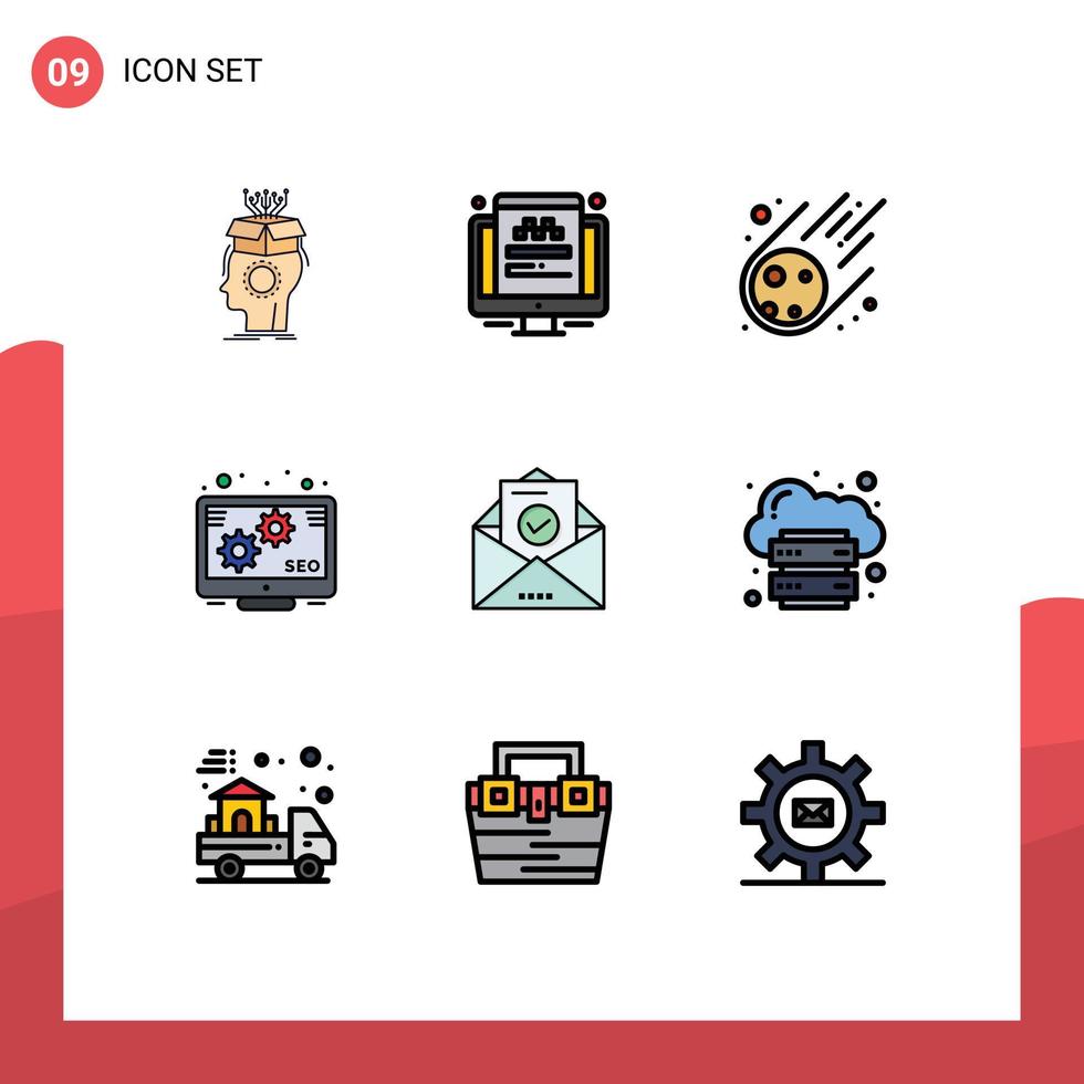Set of 9 Vector Filledline Flat Colors on Grid for email seo screen promotion space Editable Vector Design Elements