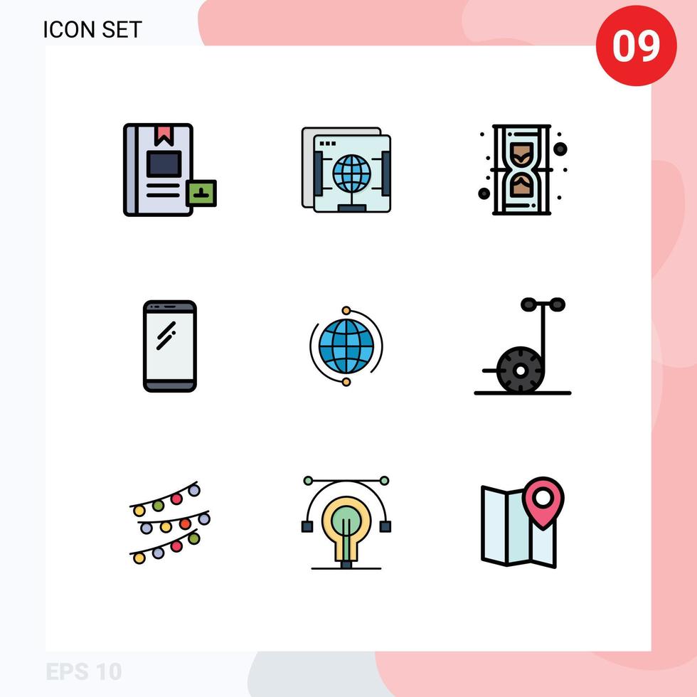 Filledline Flat Color Pack of 9 Universal Symbols of iphone mobile globe smart phone time Editable Vector Design Elements