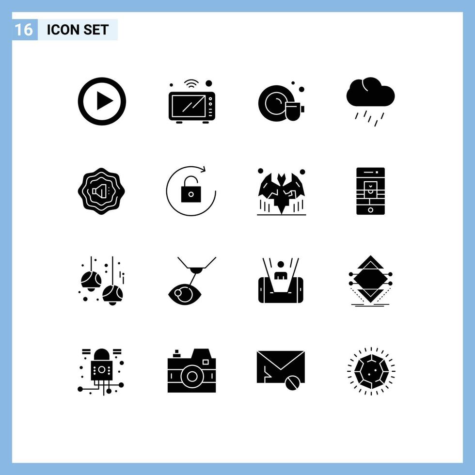 Solid Glyph Pack of 16 Universal Symbols of rotate accustic dish weather rain Editable Vector Design Elements