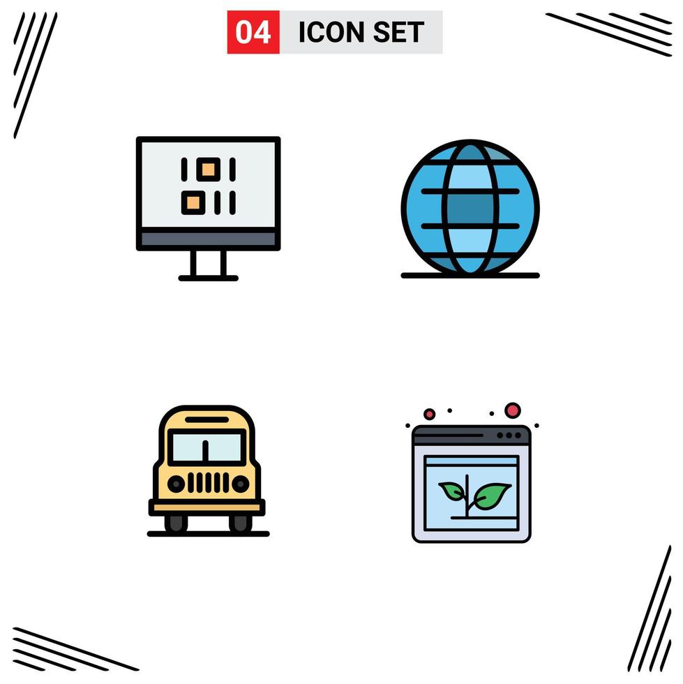 Set of 4 Vector Filledline Flat Colors on Grid for computer camping globe world browser Editable Vector Design Elements