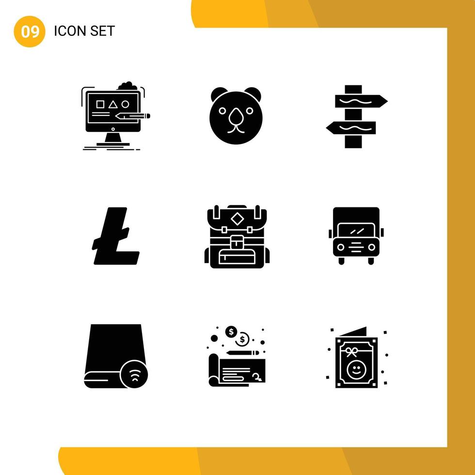 Modern Set of 9 Solid Glyphs Pictograph of hiking bag index money cryptocurrency Editable Vector Design Elements
