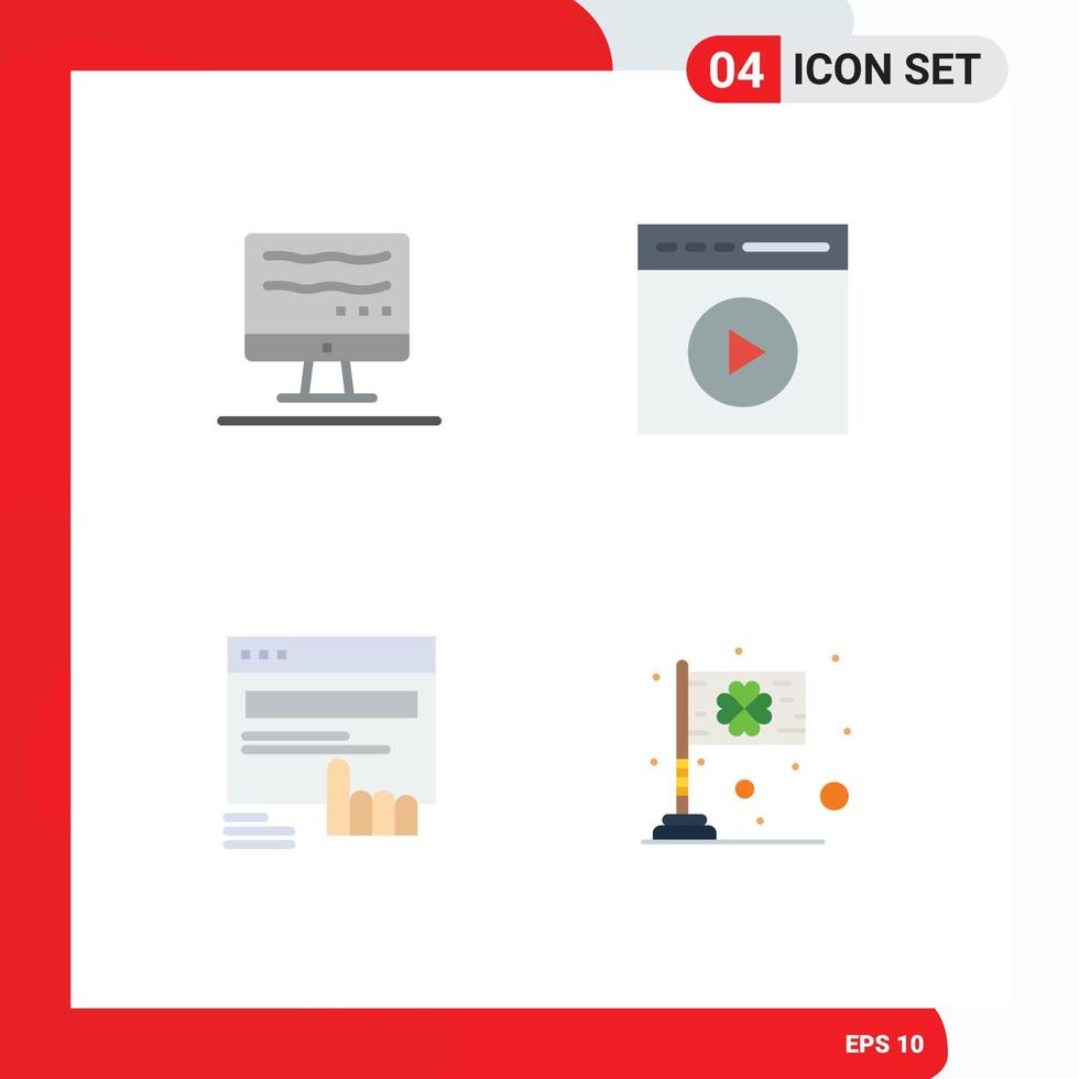 4 Thematic Vector Flat Icons and Editable Symbols of computer finger audio play video play web Editable Vector Design Elements