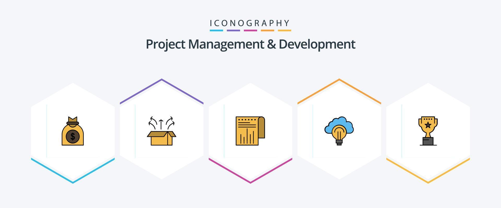 Project Management And Development 25 FilledLine icon pack including success. bulb. product. light. report vector