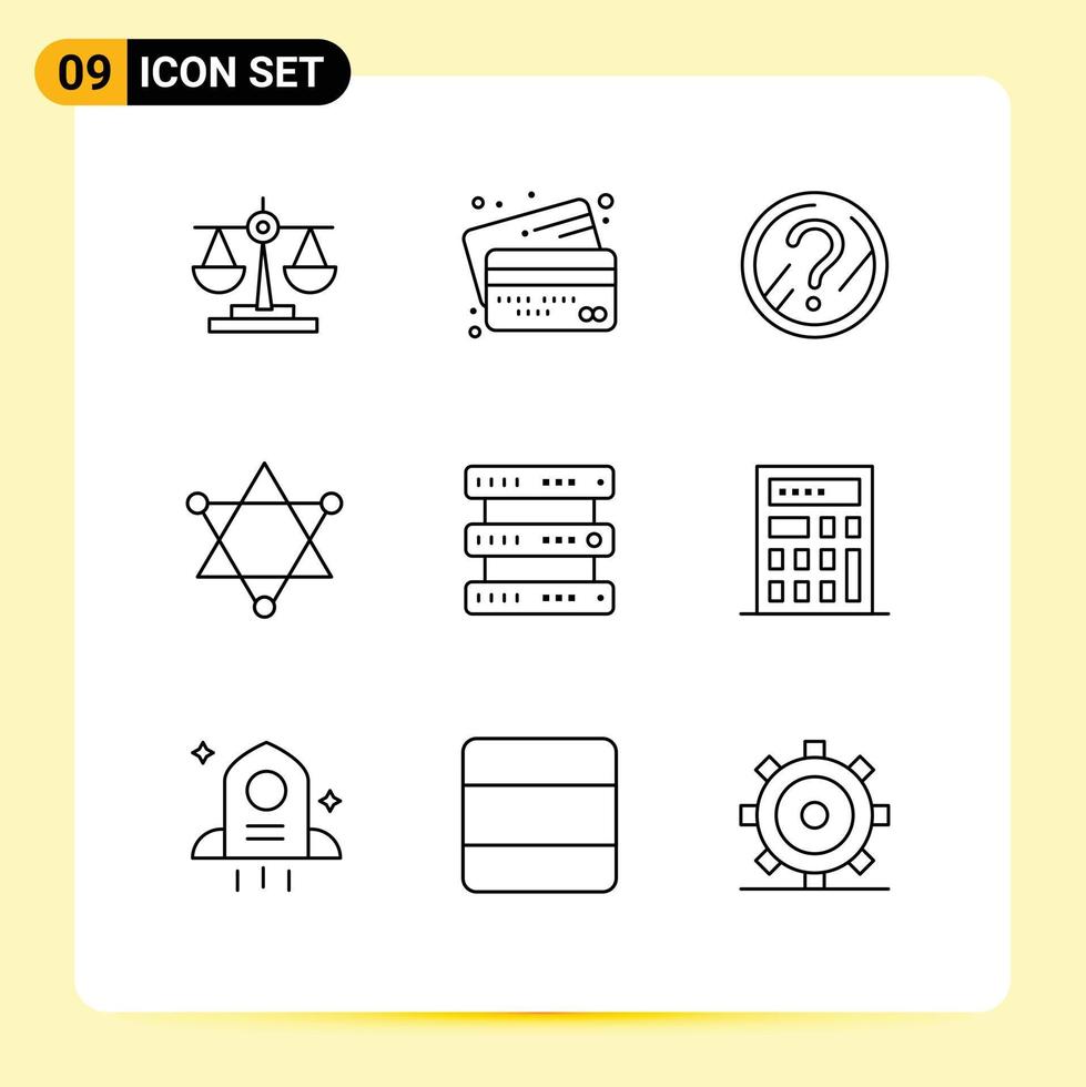Universal Icon Symbols Group of 9 Modern Outlines of hosting space payment science solution Editable Vector Design Elements