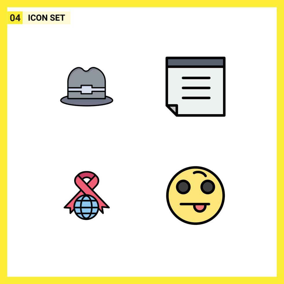 conjunto moderno de 4 colores planos y símbolos de línea de llenado, como emojis de sombrero, cinta de notas, elementos de diseño de vectores editables felices