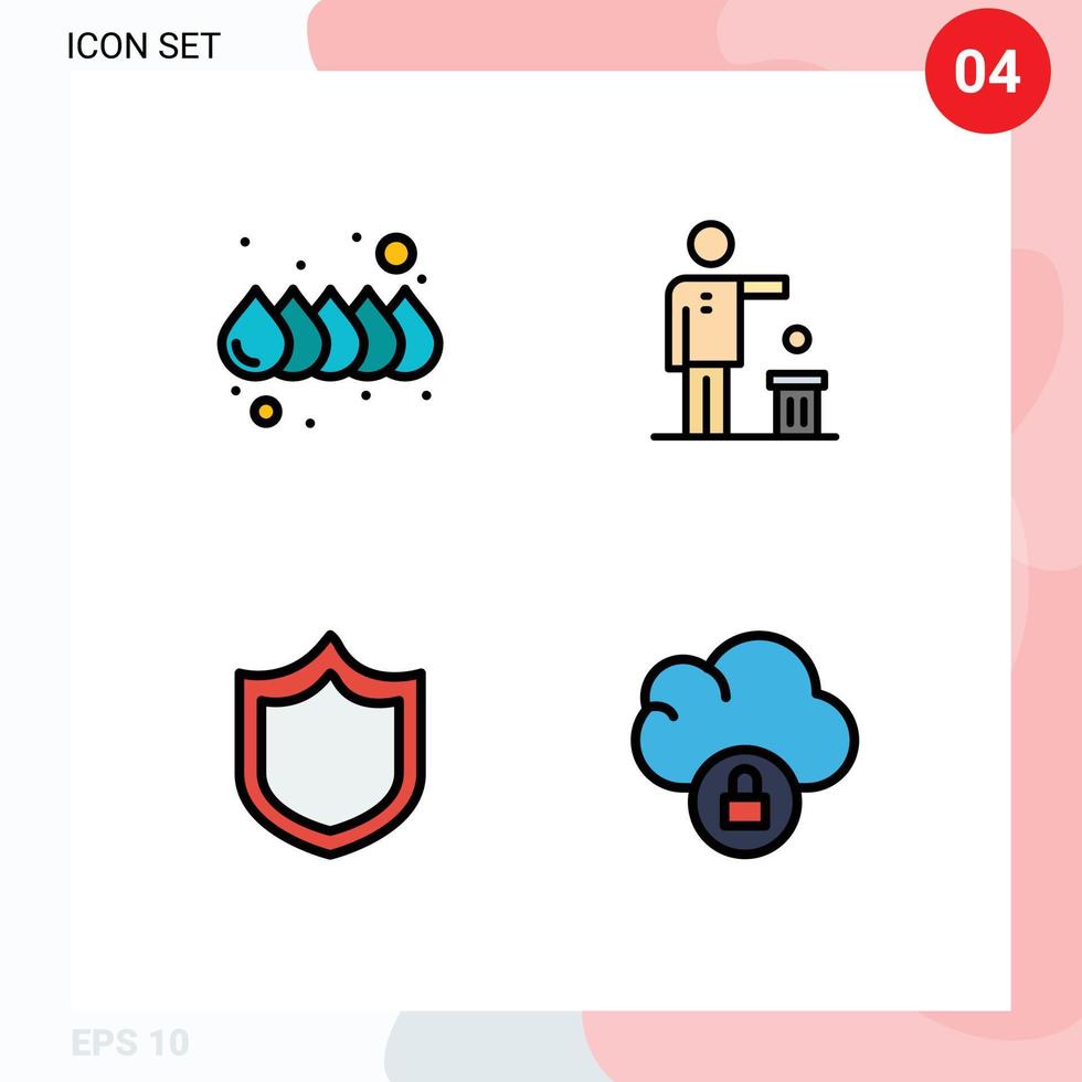 Paquete de color plano de línea de relleno de interfaz de usuario de 4 signos y símbolos modernos de protección de color elementos de diseño de vector editables de nube de reciclaje malo