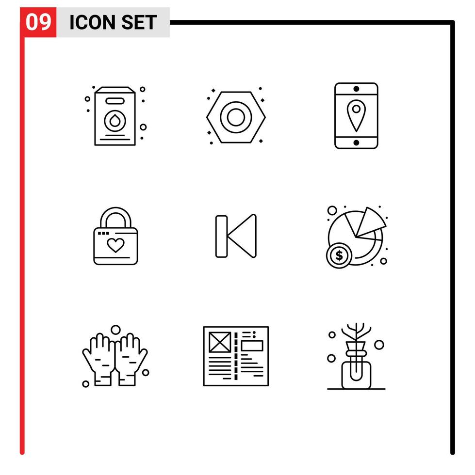 Modern Set of 9 Outlines and symbols such as control back location heart lock heart Editable Vector Design Elements