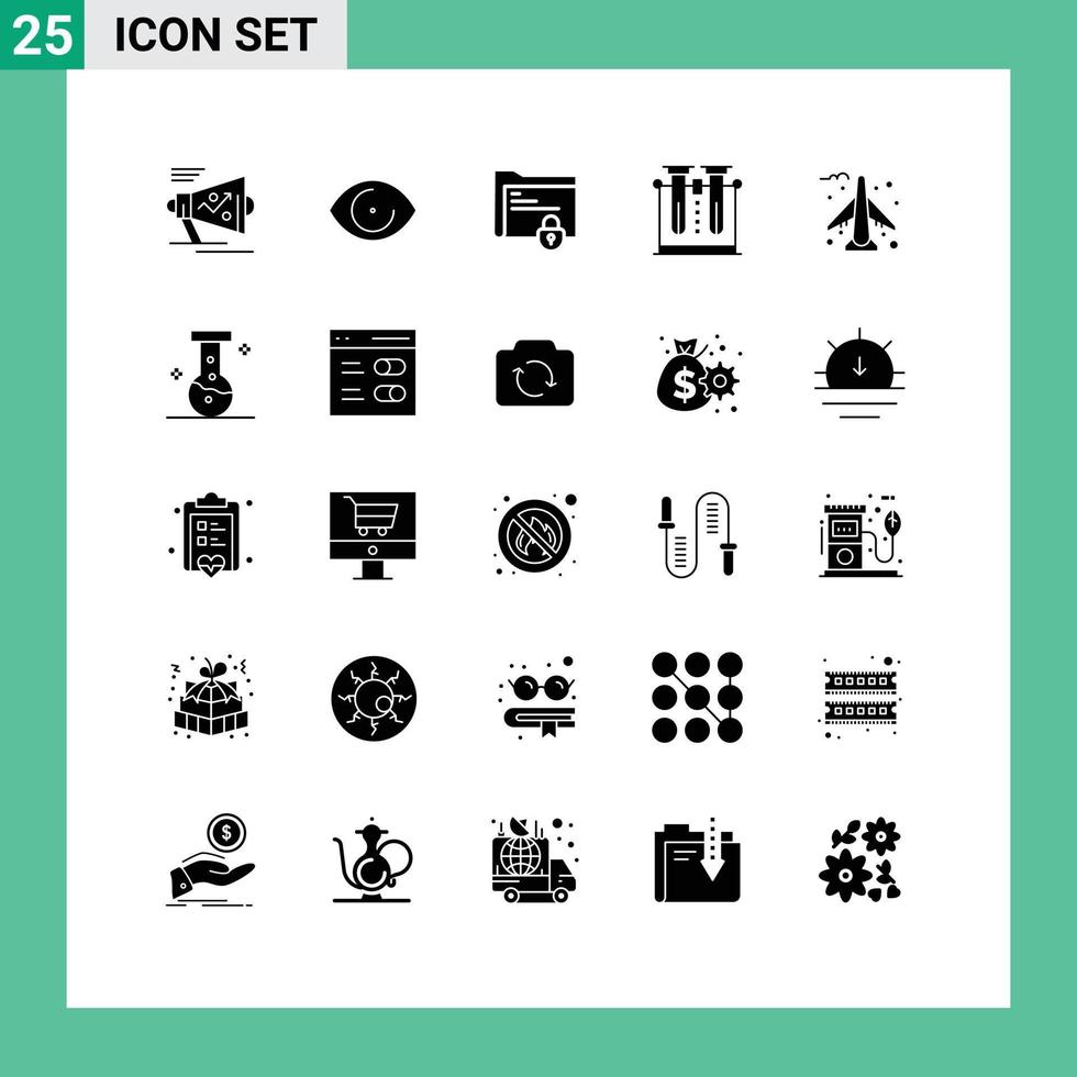 Pack of 25 Modern Solid Glyphs Signs and Symbols for Web Print Media such as testing laboratory vision chemistry lock Editable Vector Design Elements