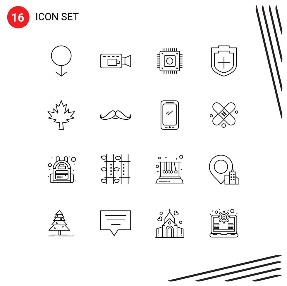 grupo universal de símbolos de icono de 16 contornos modernos de microchip de hoja de bigote elementos de diseño de vector editables de seguridad de canadá