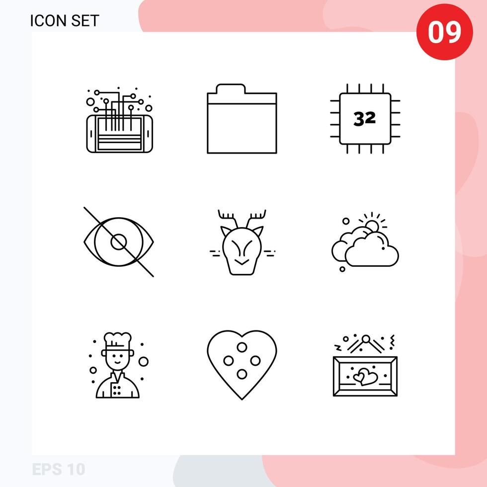 Pack of 9 Modern Outlines Signs and Symbols for Web Print Media such as human human chip face hardware Editable Vector Design Elements