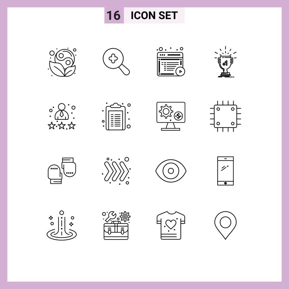 Mobile Interface Outline Set of 16 Pictograms of person first content prize trophy Editable Vector Design Elements