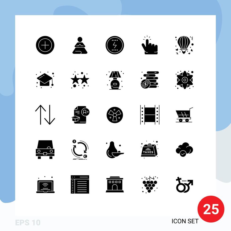 Modern Set of 25 Solid Glyphs Pictograph of balloon point messenger hand click Editable Vector Design Elements