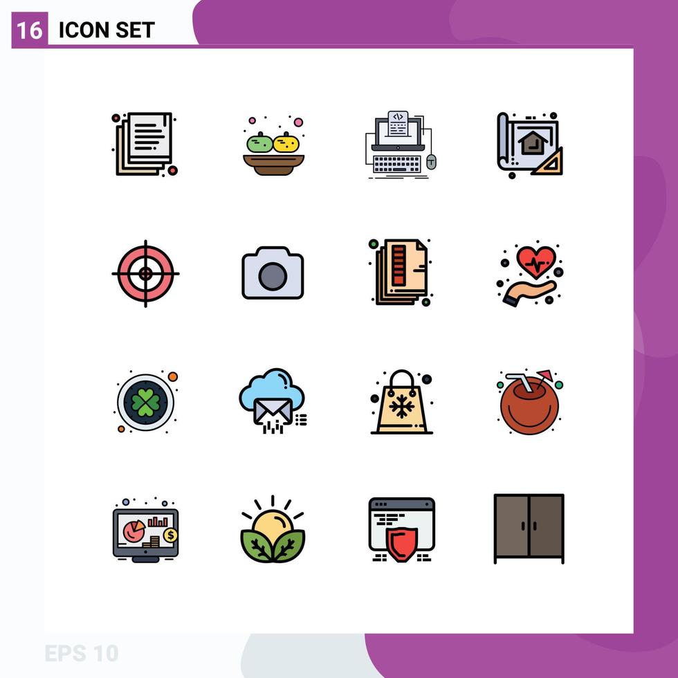 Mobile Interface Flat Color Filled Line Set of 16 Pictograms of shooting planning coding design plan Editable Creative Vector Design Elements