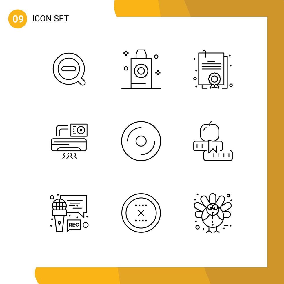 Editable Vector Line Pack of 9 Simple Outlines of dvd cd certificate room aircondition Editable Vector Design Elements