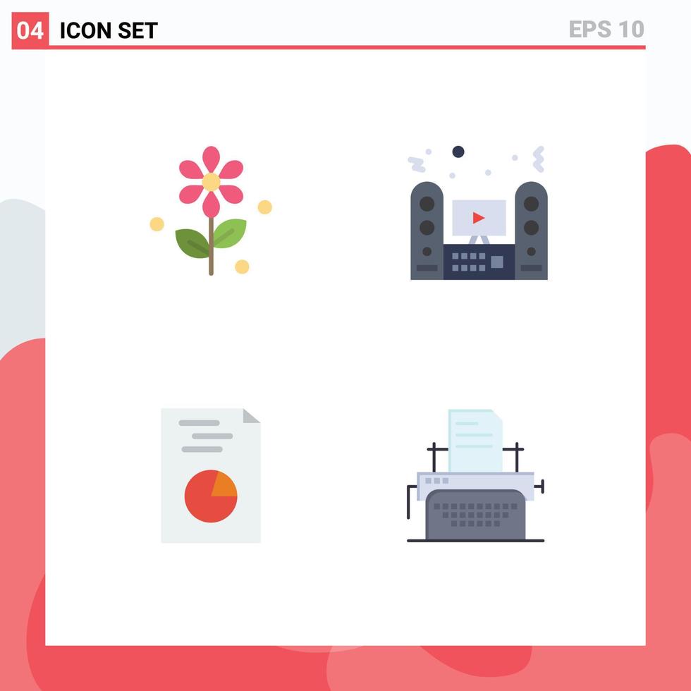Mobile Interface Flat Icon Set of 4 Pictograms of flower hands multimedia sound printer Editable Vector Design Elements