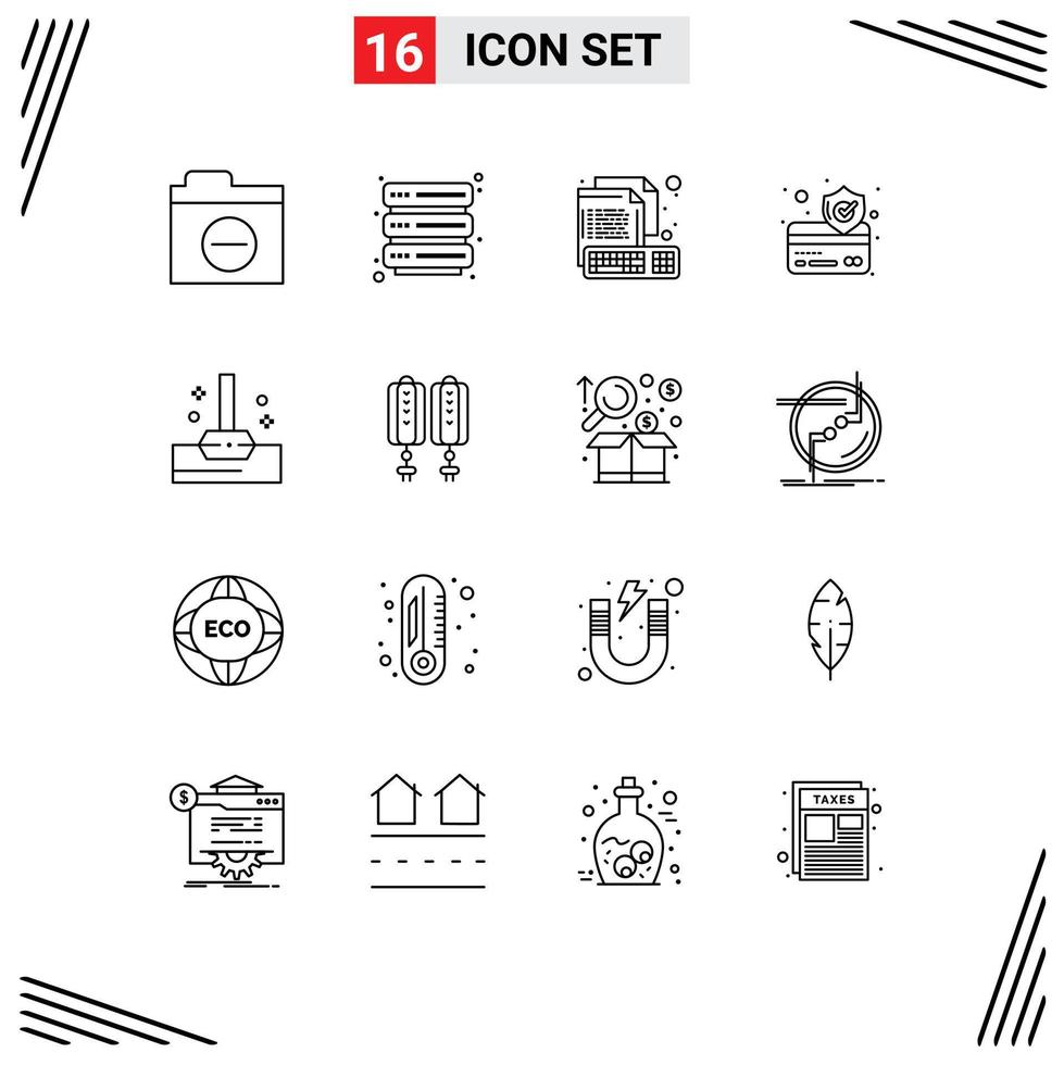 Pictogram Set of 16 Simple Outlines of bathroom mop computer secure credit card Editable Vector Design Elements
